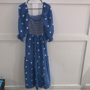 Blue Bubble Off Shoulder Sleeve Dress with White Floral Embroidery